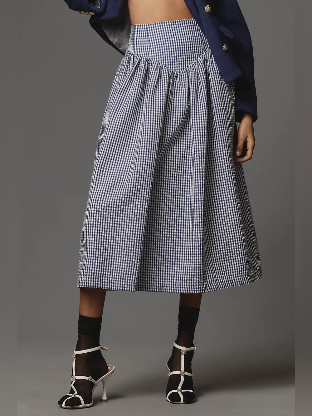 Anthropology Hutch Gingham Midi Skirt in Blue and White